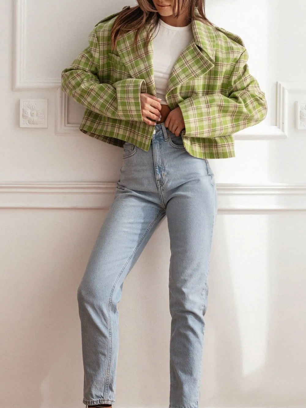 Lapel Collar Plaid Cropped Jacket (6)
