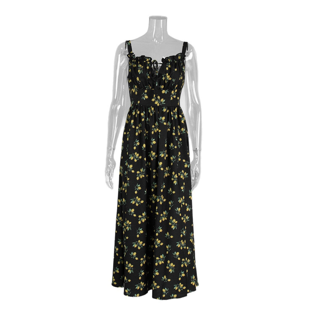 Low-collar Tie-waist High-waist Slit Printed Dress photo 3