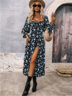 Floral Print Square Neck Flounce Sleeve Dress Side Slit (12)