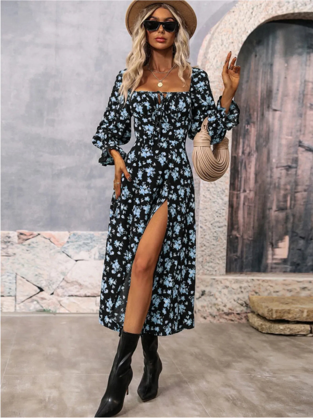 Floral Print Square Neck Flounce Sleeve Dress Side Slit (12)