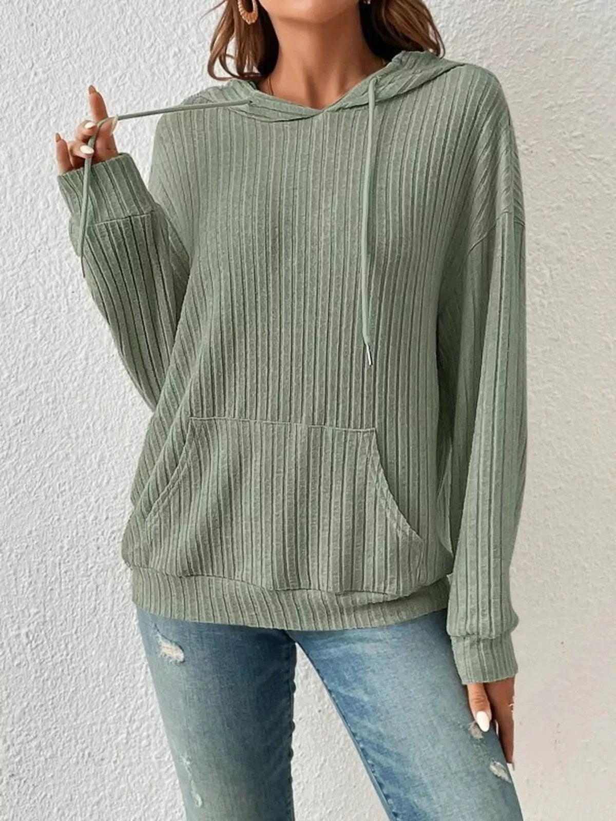 Ribbed Knit Long Sleeve Drawstring Hoodie (11)