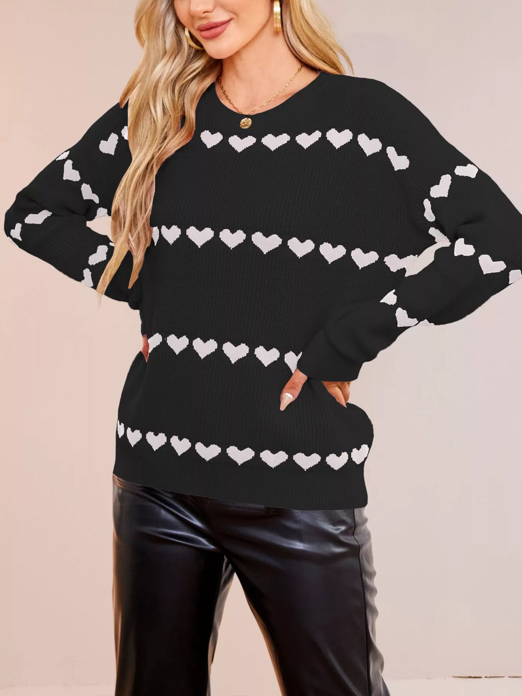 Heart Pattern Dropped Shoulder Sweater (15)