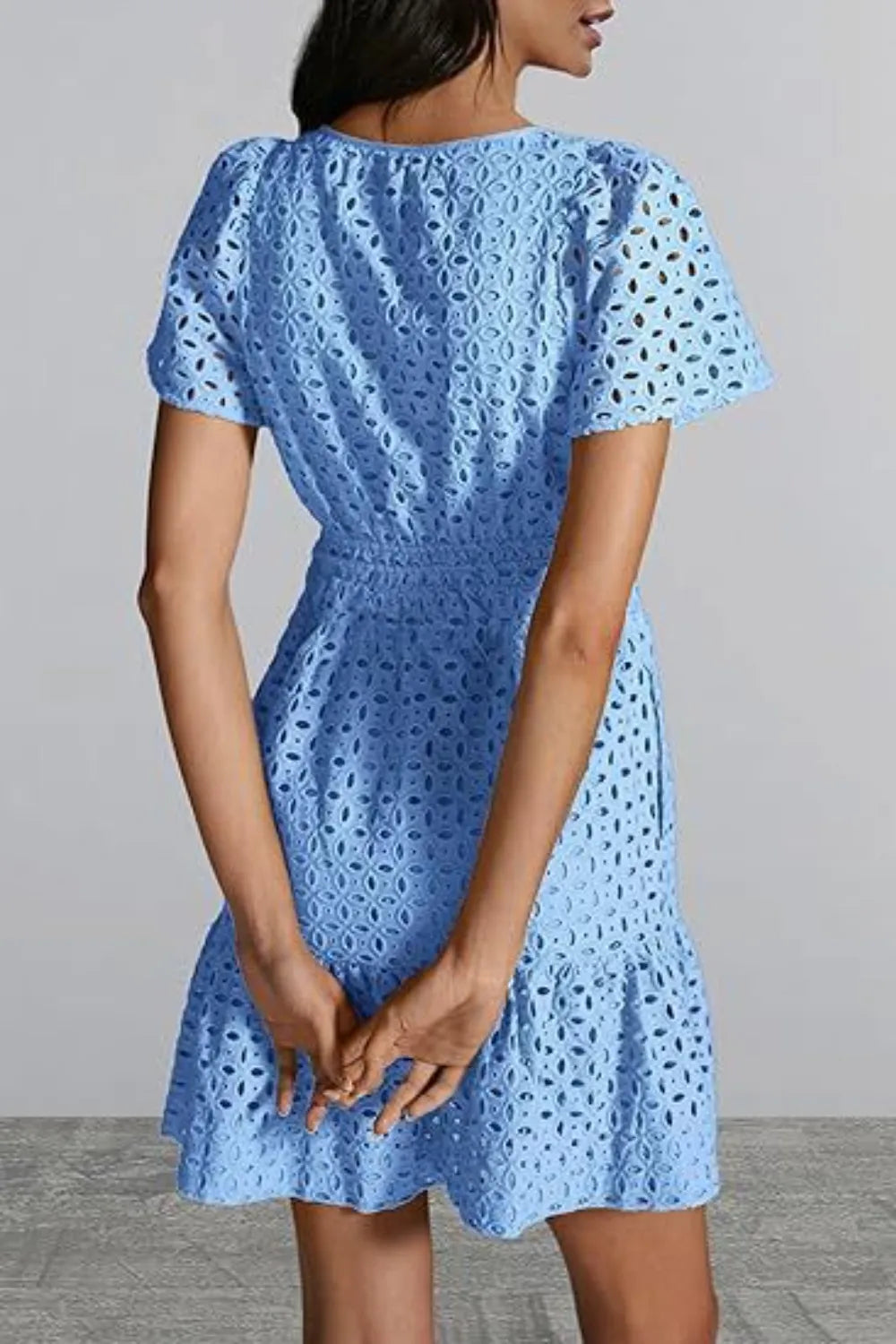 Eyelet Notched Short Sleeve Mini Dress (15)