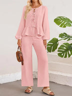Tie Neck Balloon Sleeve Top Pants Set (7)