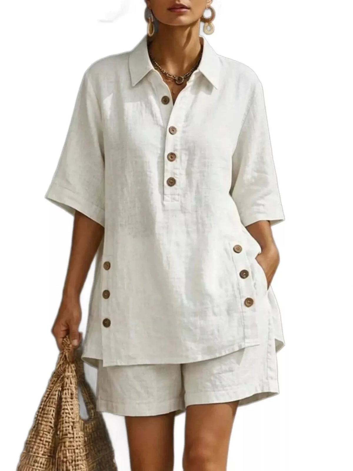 Full Size Casual Linen Button-down Shirt Shorts Set Plus