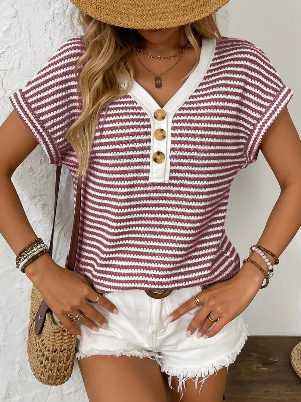 Striped V-neck Short Sleeve T-shirt (11)