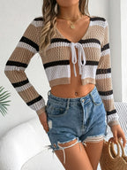 Tied Openwork Long Sleeve Knit Top (2)