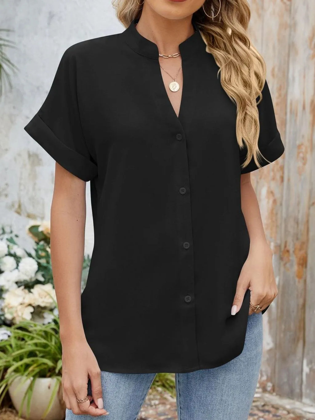 Notched Short Sleeve Blouse (24)