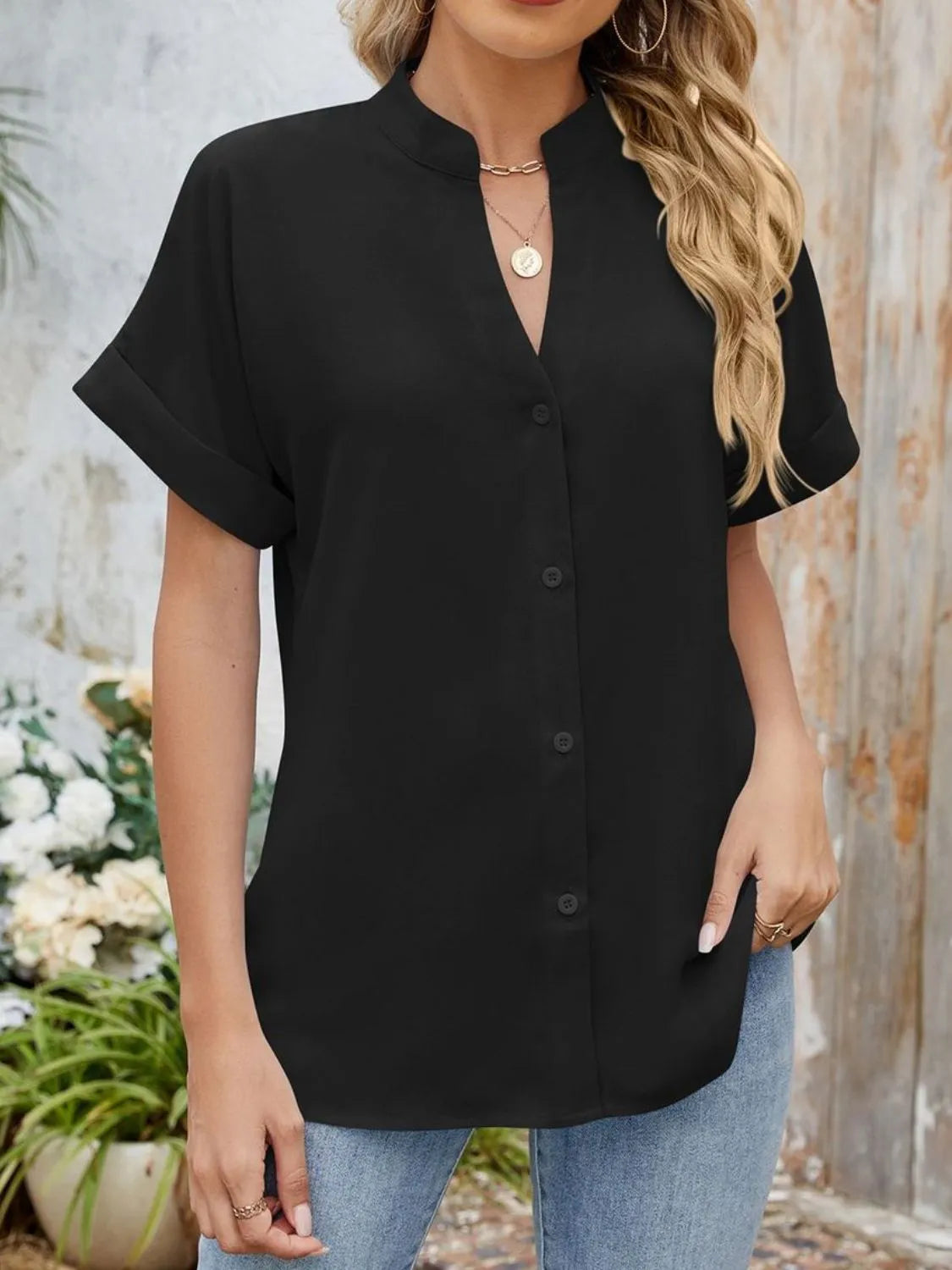 Notched Short Sleeve Blouse (24)