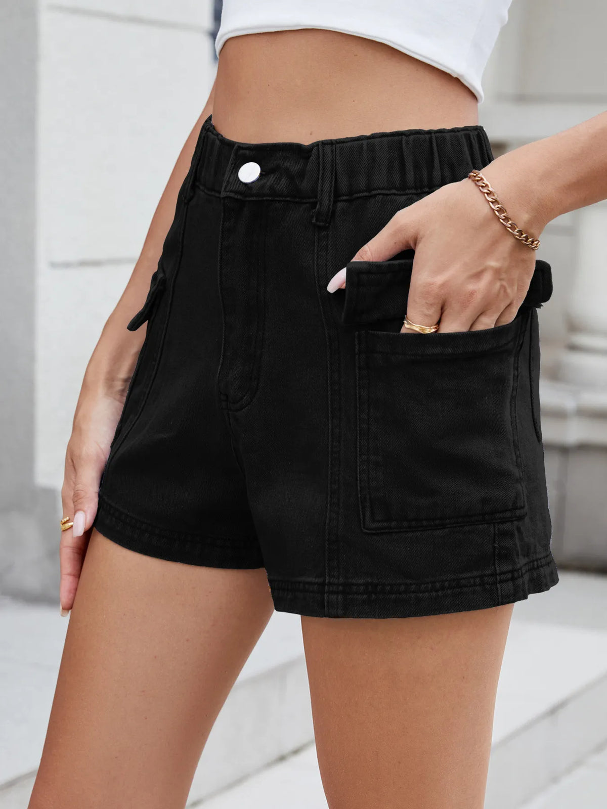 High Waist Cargo Denim Shorts (17)