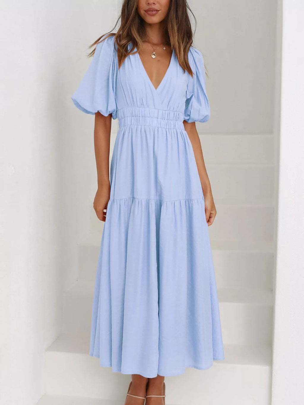 V-neck Puff Sleeve Midi Dress (7)