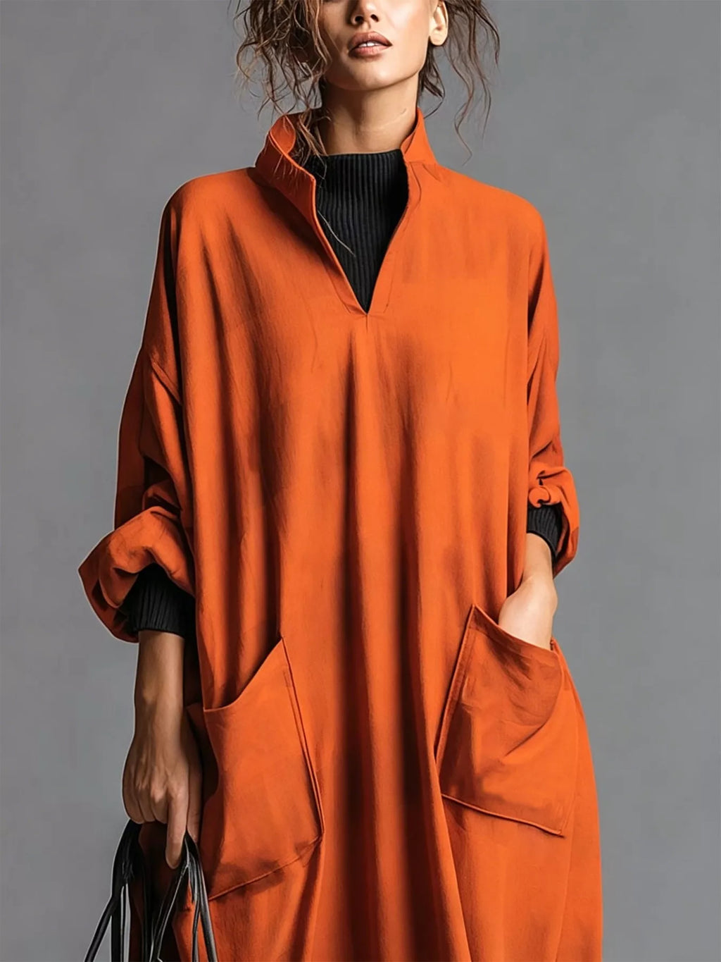 Full Size Loose-fit Mock Neck Midi Dress Pockets Plus (6)