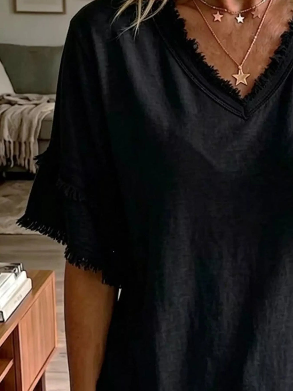 Full Size Frayed Edge V-neck Blouse Plus (4)
