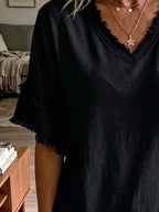 Full Size Frayed Edge V-neck Blouse Plus (4)
