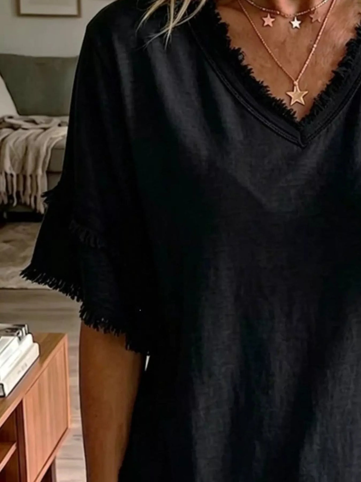 Full Size Frayed Edge V-neck Blouse Plus (4)