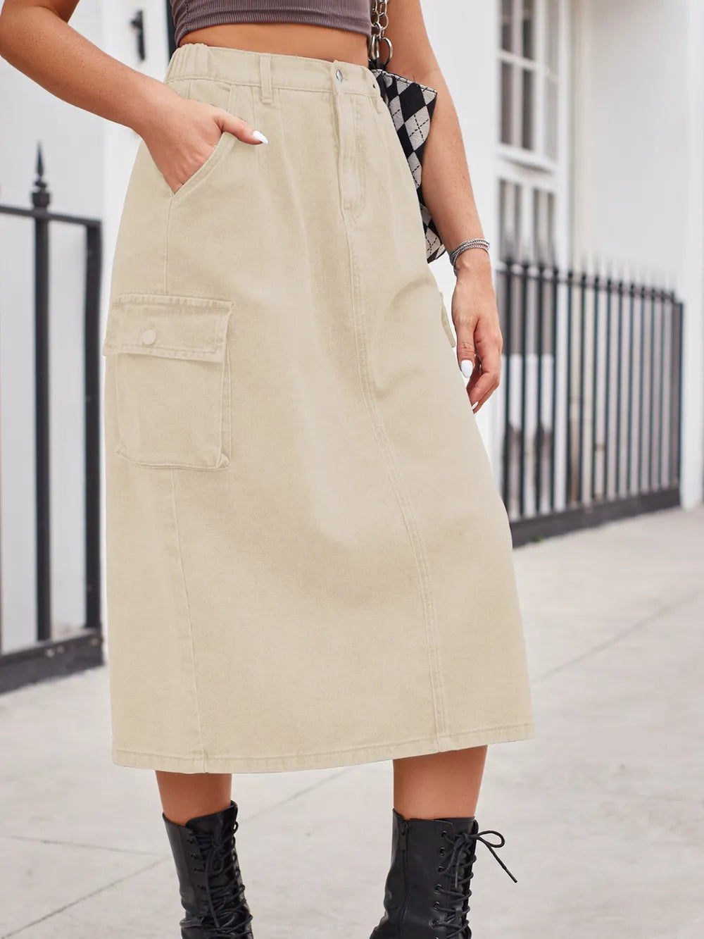 Slit Buttoned Denim Skirt Pockets (14)