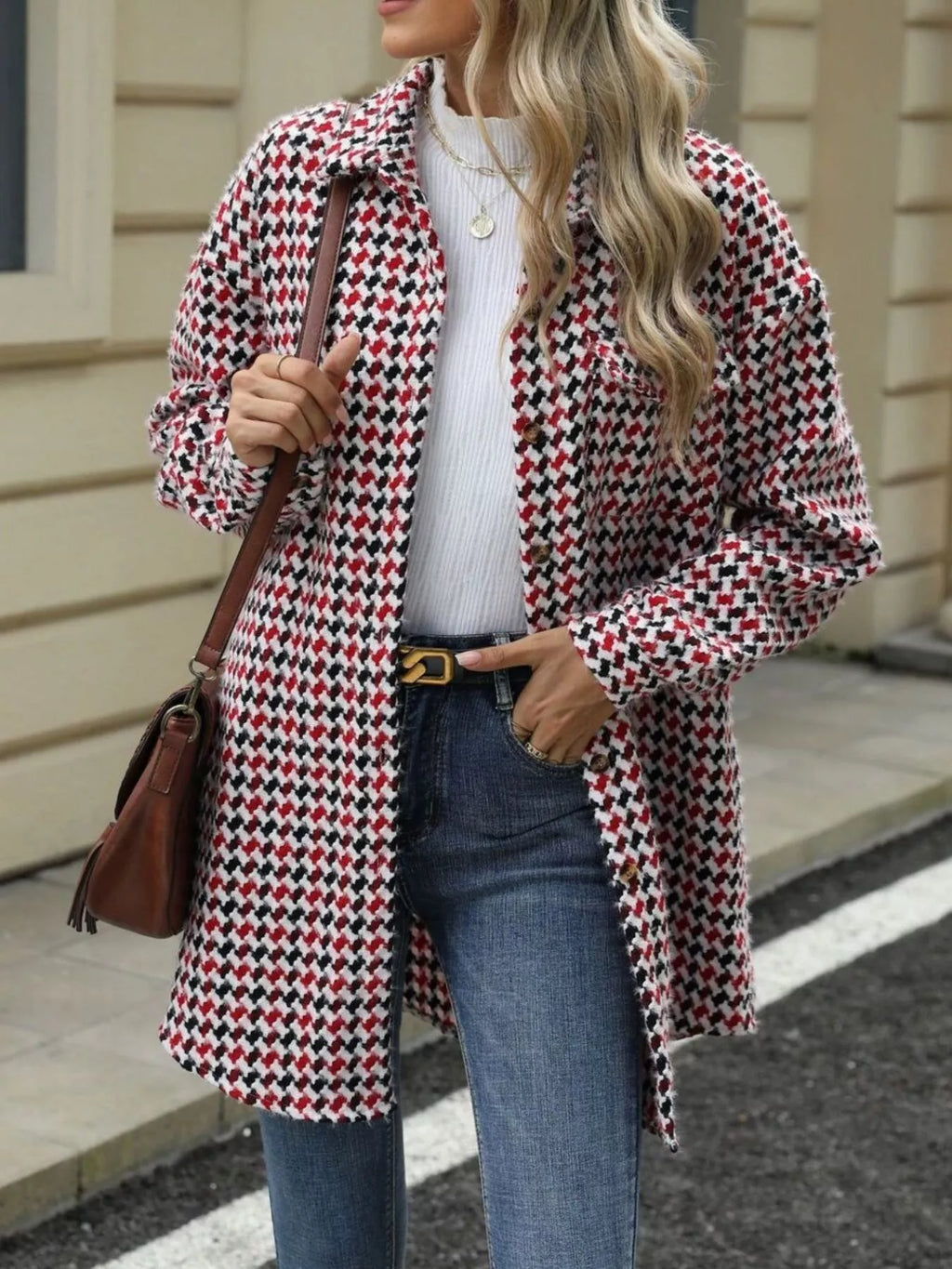 Houndstooth Button Up Long Sleeve Coat (9)