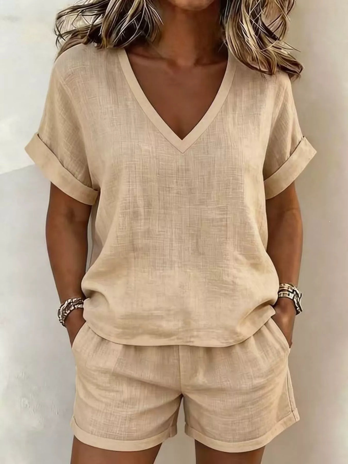 V-neck Linen Blend Short Sleeve Top Shorts Set (5)