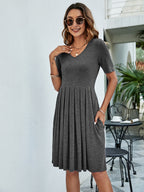 Pleated V-neck Short Sleeve Tee Dress (11)