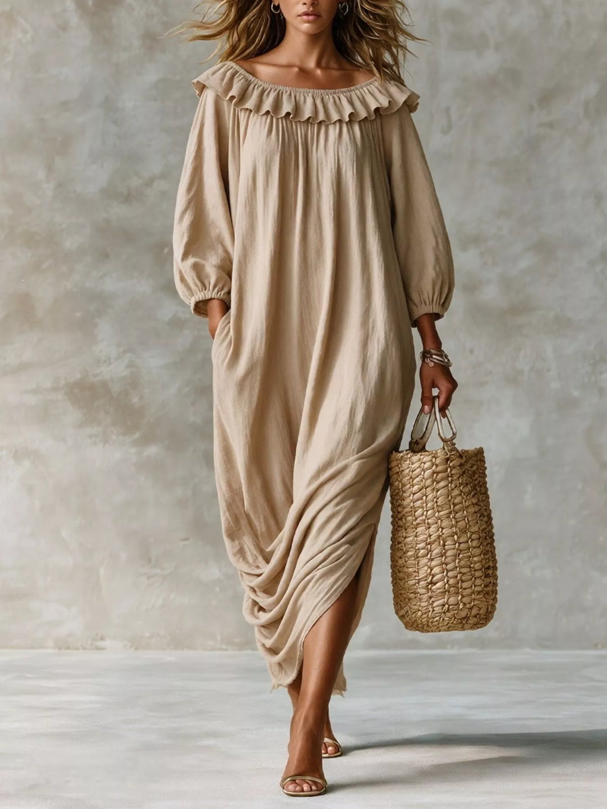 Ruffled Boat Neck Ruched Midi Dress (4)
