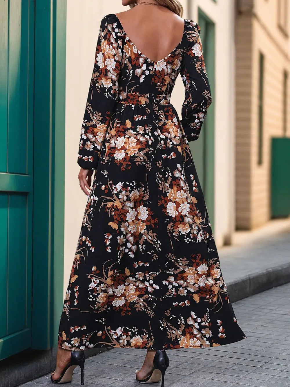 Slit Printed Surplice Long Sleeve Maxi Dress (2)