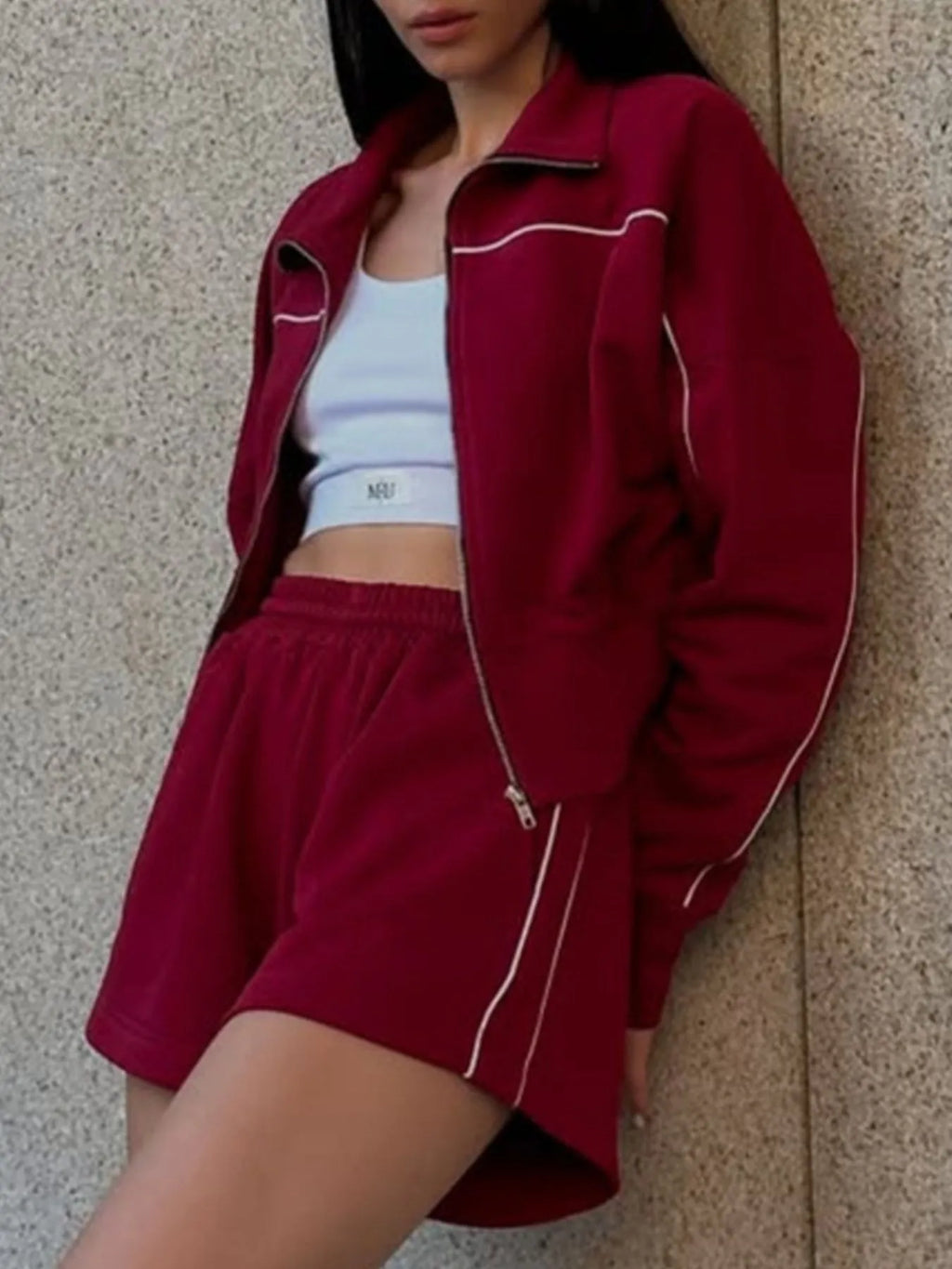 Zip Up Long Sleeve Top Shorts Set (10)