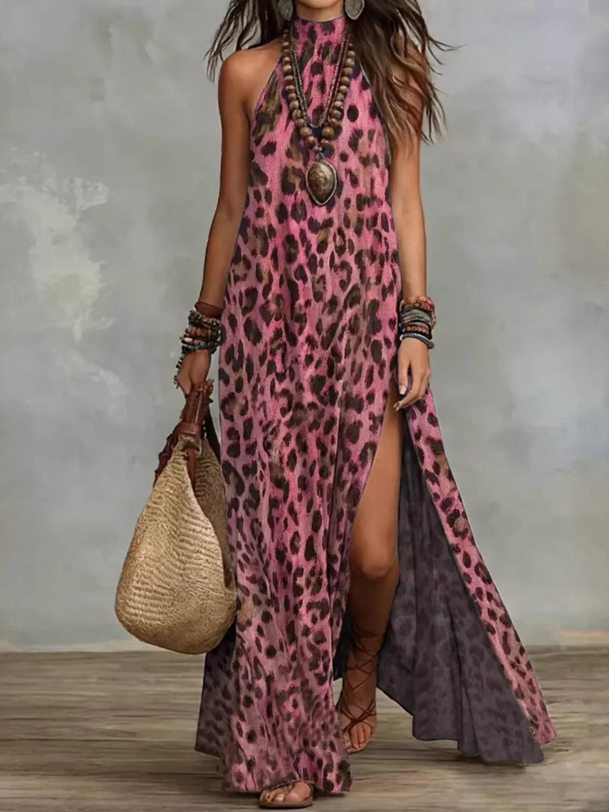 Leopard Print Sleeveless Maxi Dress Side Slit (5)