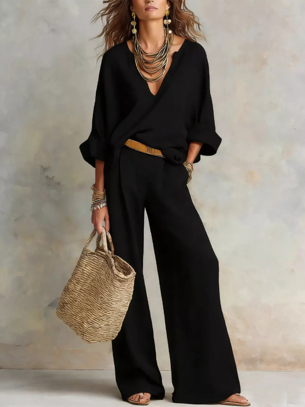 Full Size Loose Fit Top Wide-leg Pants Set Plus (5)