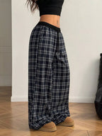Plaid Wide-leg Pants Elastic Waistband (13)