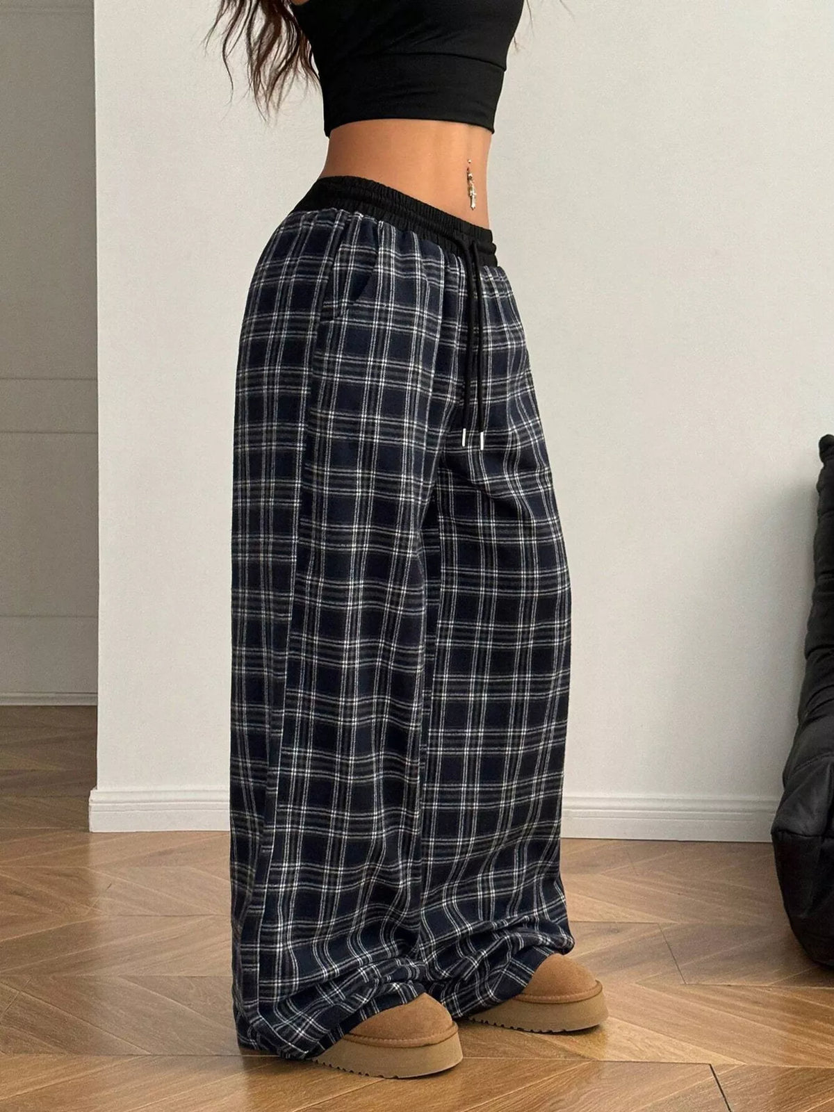 Plaid Wide-leg Pants Elastic Waistband (13)