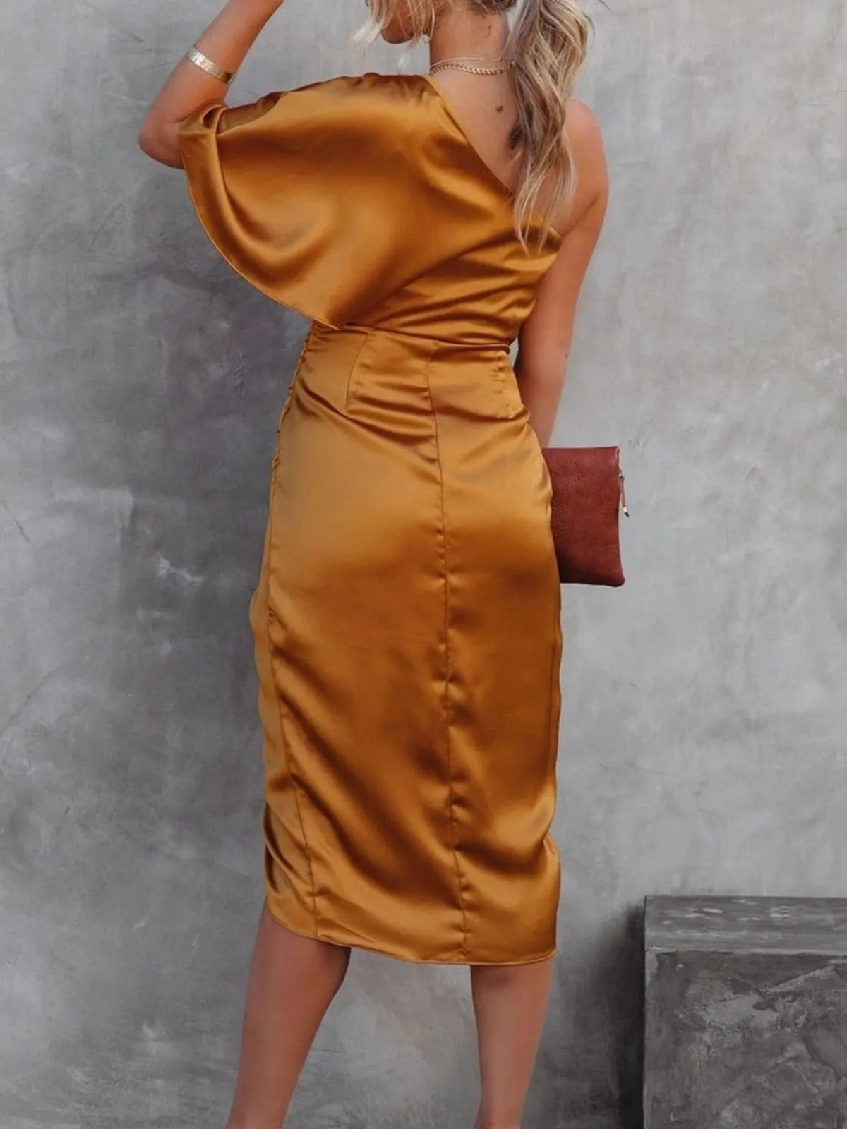 One-shoulder Satin Wrap Dress Side Slit (6)