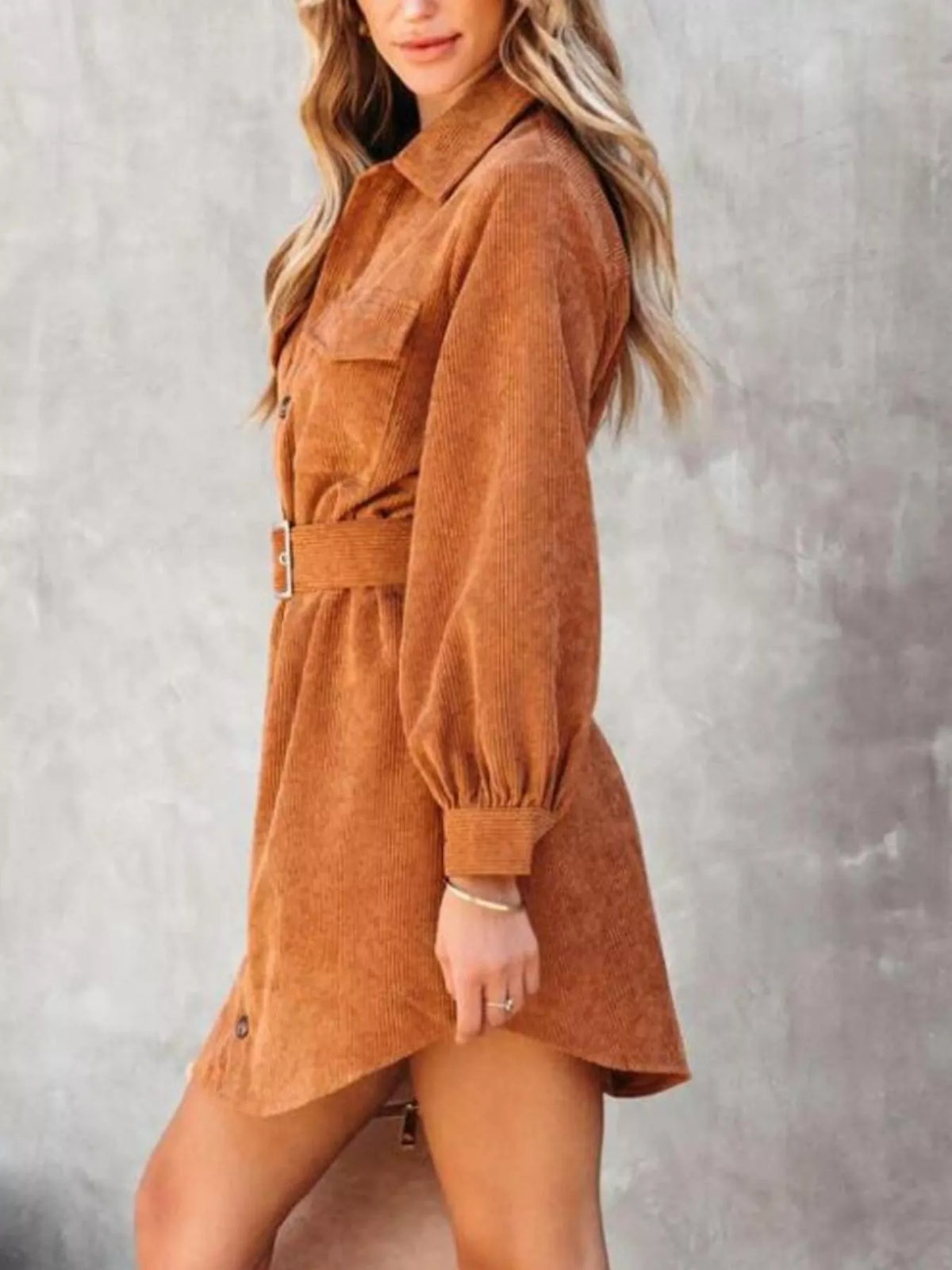 Button Front Belt Long Sleeve Corduroy Dress (9)