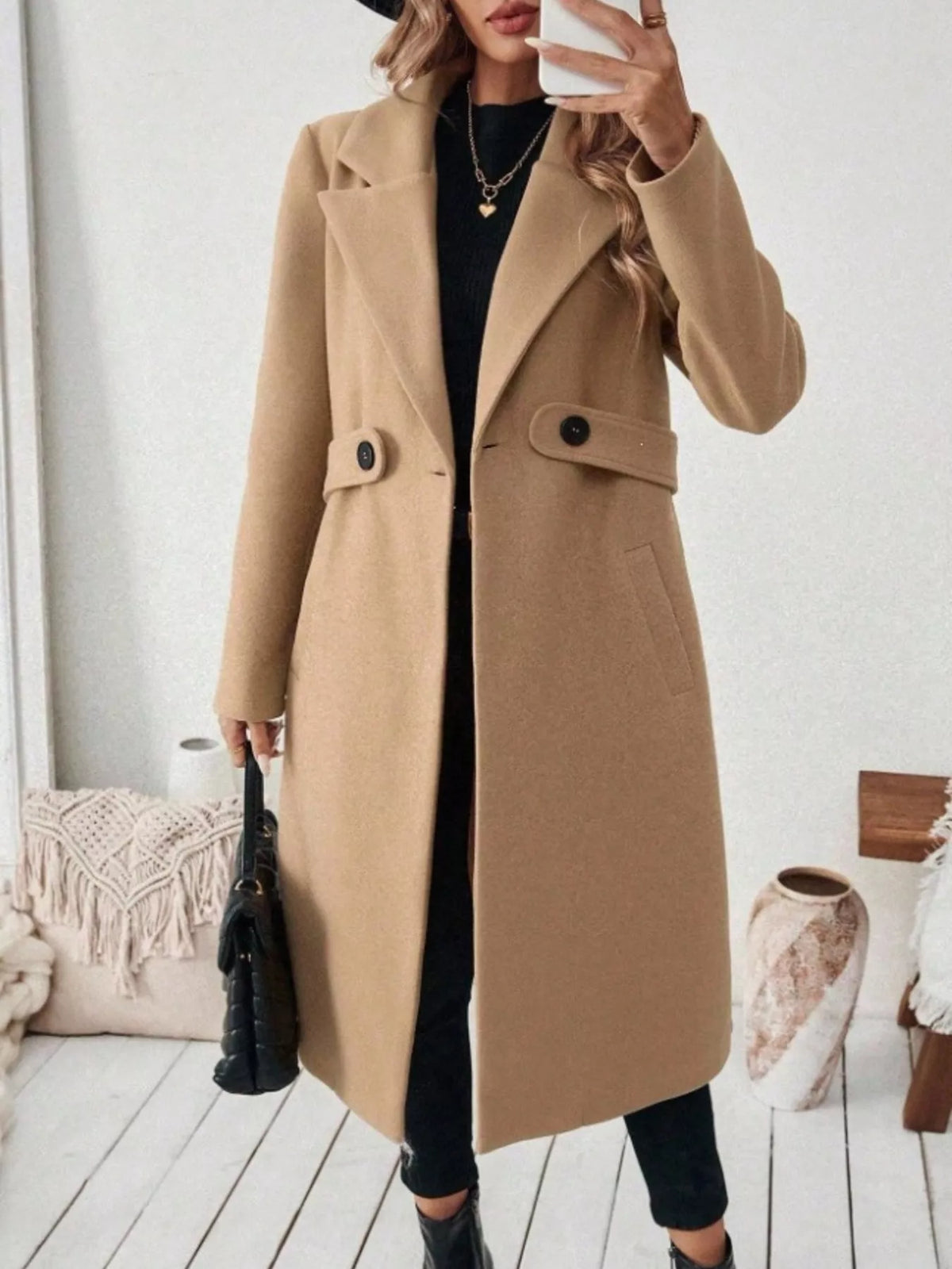 Full Size Elegant Lapel Collar Belted Coat Pockets Plus (16)