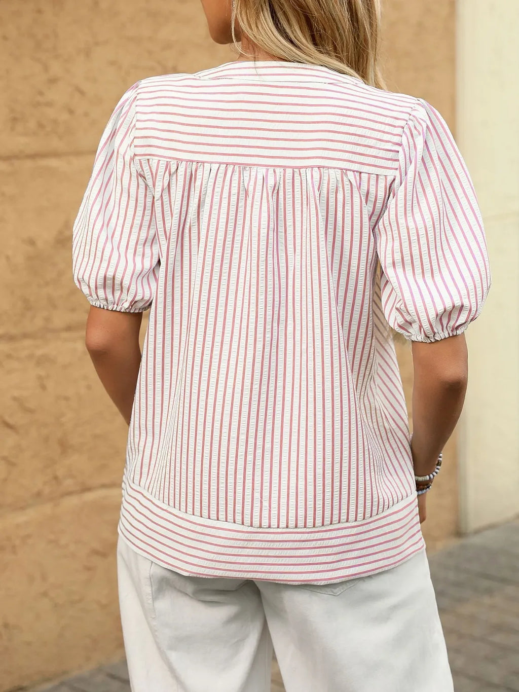 Striped Notched Puff Sleeve Blouse (14)