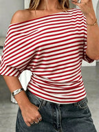 One Shoulder Striped Dolman Sleeve T-shirt (5)