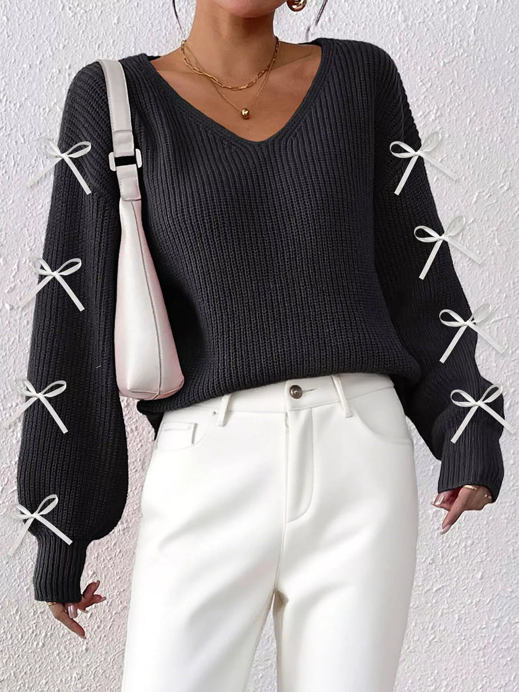 Bow-tie Sleeve V-neck Sweater (8)