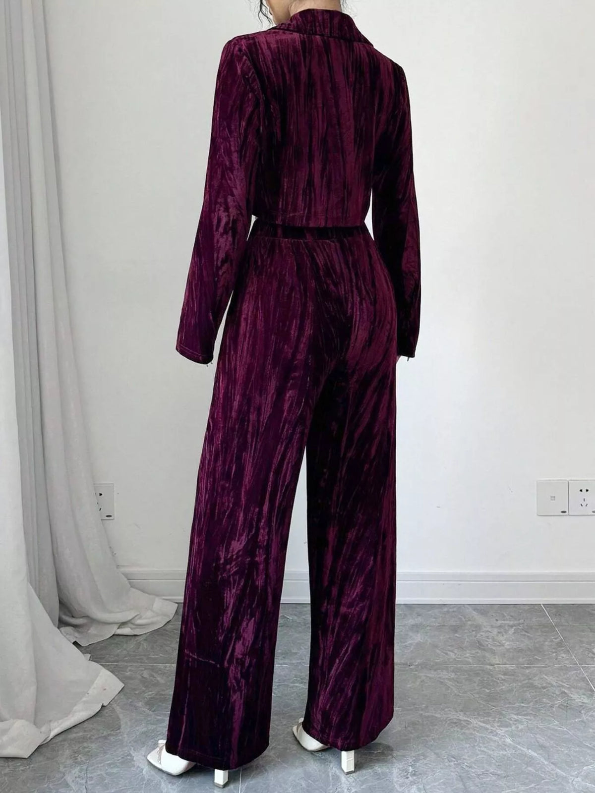 Pleated Velvet Blazer Wide Leg Pants Set (13)