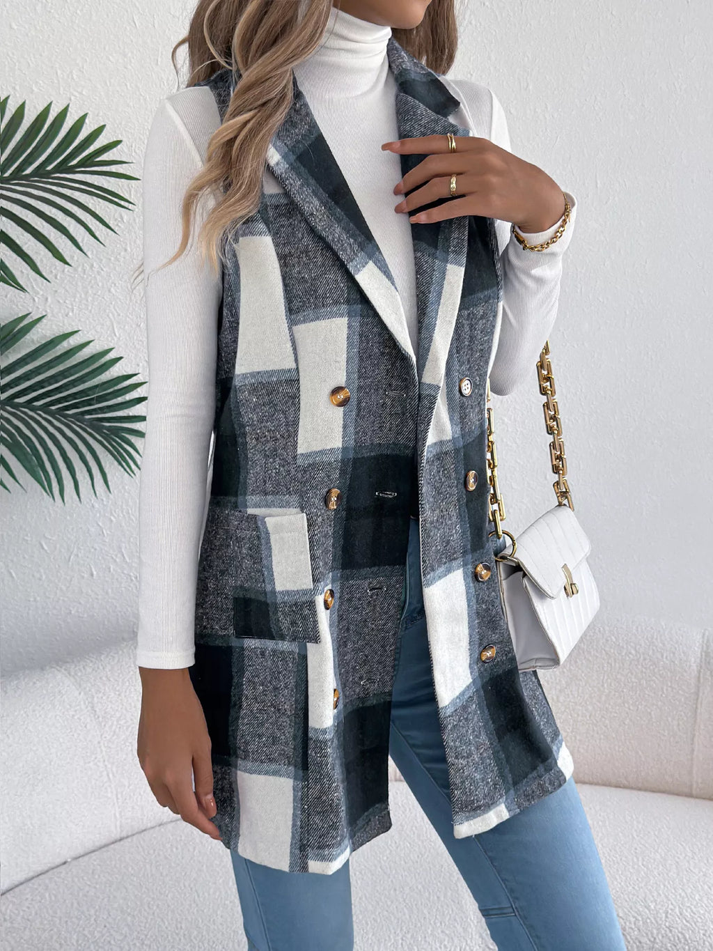 Plaid Double-breasted Vest Coat (14)