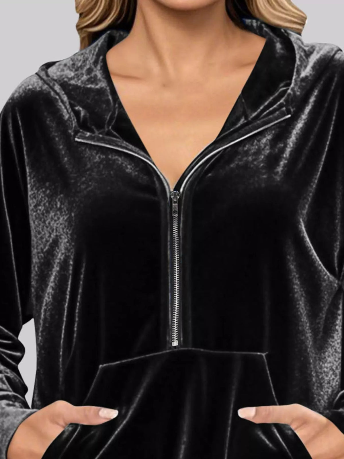 Full Size Velvet Half Zip Hoodie Kangaroo Pocket Plus (14)