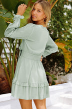 Tied Plunge Smocked Waist Flounce Sleeve Dress (2)
