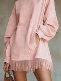 Full Size Mock Neck Fringed Hem Long Sleeve Mini Dress Plus (2)