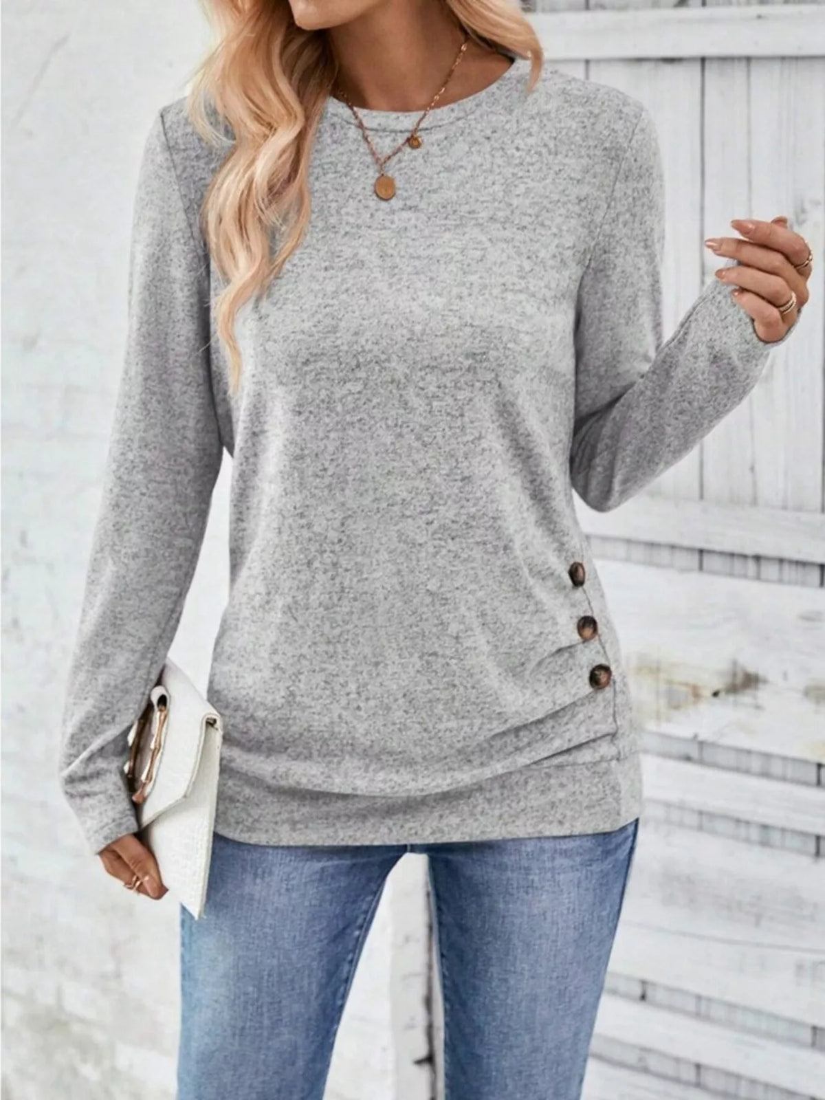 Casual Decor Button Long Sleeve T-shirt (2)
