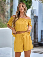 Full Size Off-shoulder Short Sleeve Top Tied Shorts Set