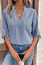 Striped Notched Roll-tab Sleeve Shirt (14)