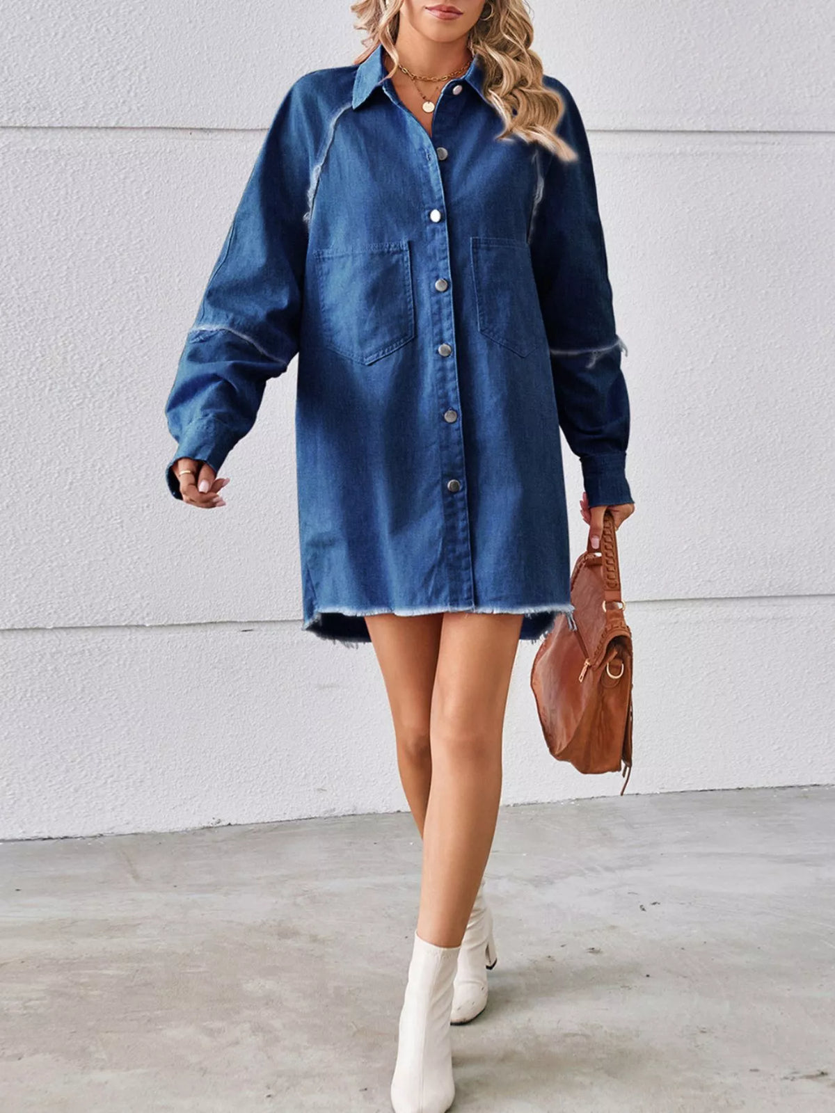Button-down Raw Hem Denim Dress (13)