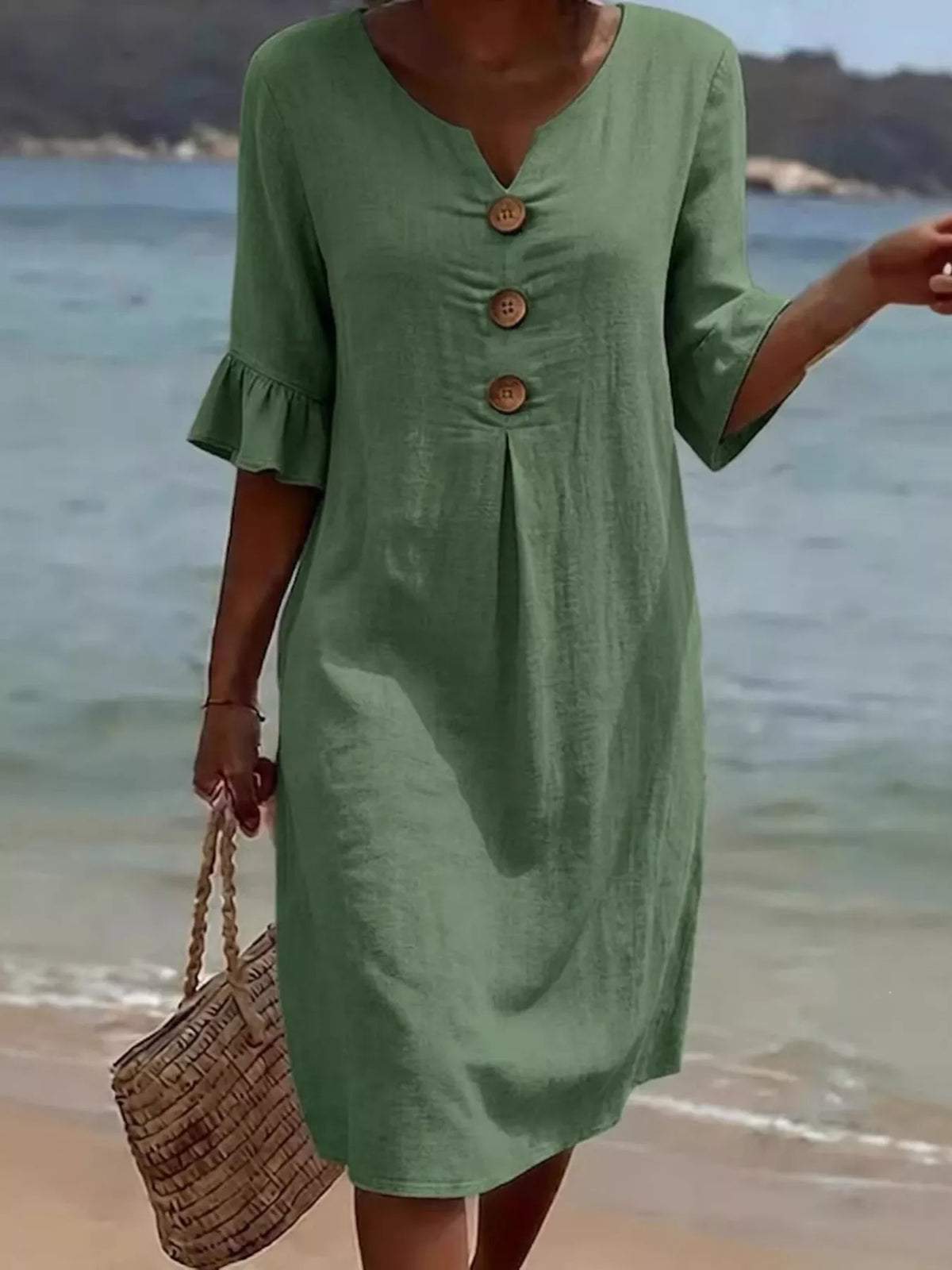 Full Size Button Decor Ruffle Sleeve Midi Dress Plus (7)