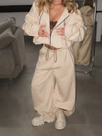 Cropped Zip-up Hoodie Wide-leg Sweatpants Lounge Set (18)