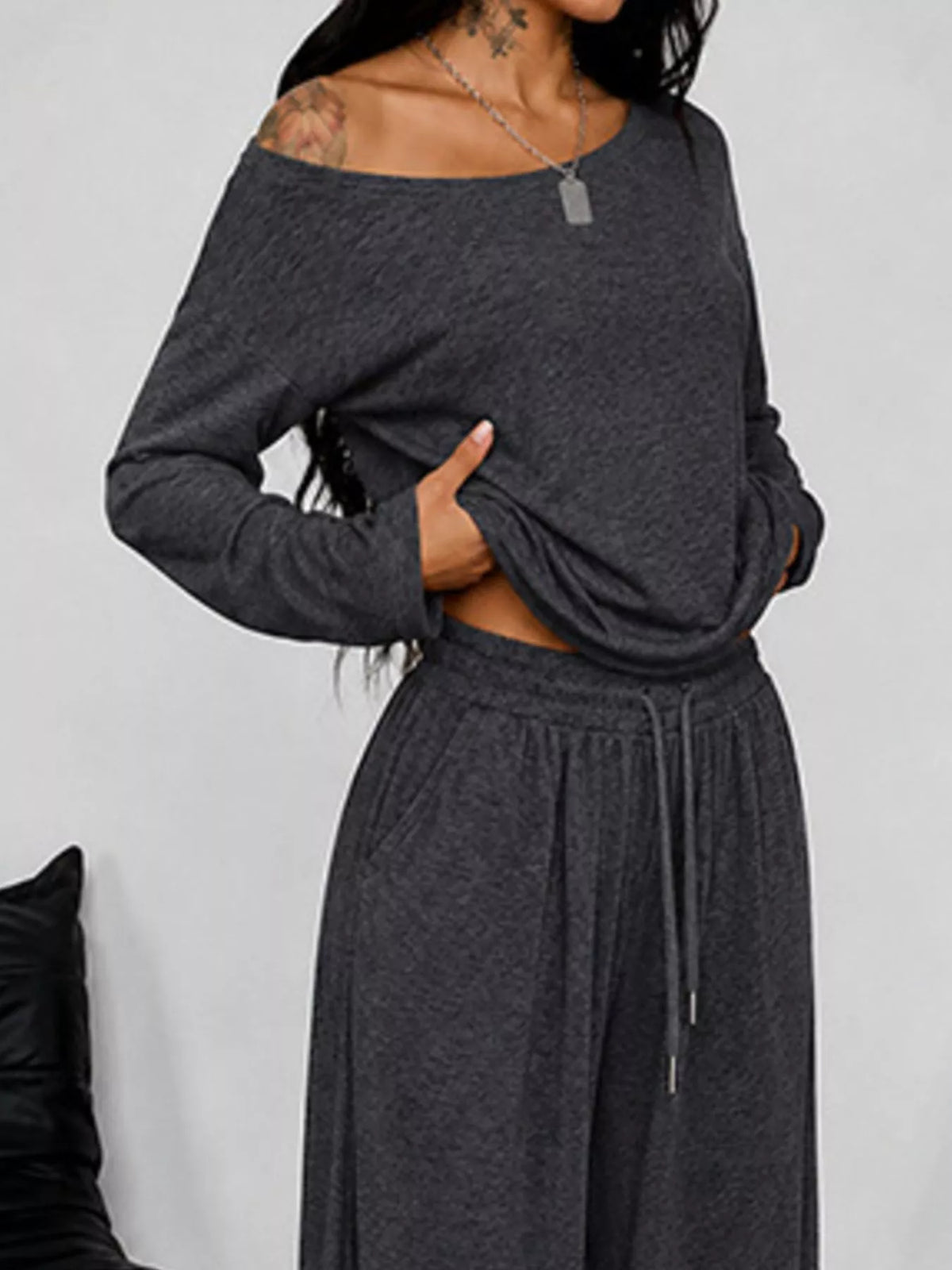 Full Size One-shoulder Top Drawstring Pants Set Plus (2)