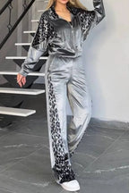 Full Size Collared Neck Leopard Zip Up Top Pants Set Plus