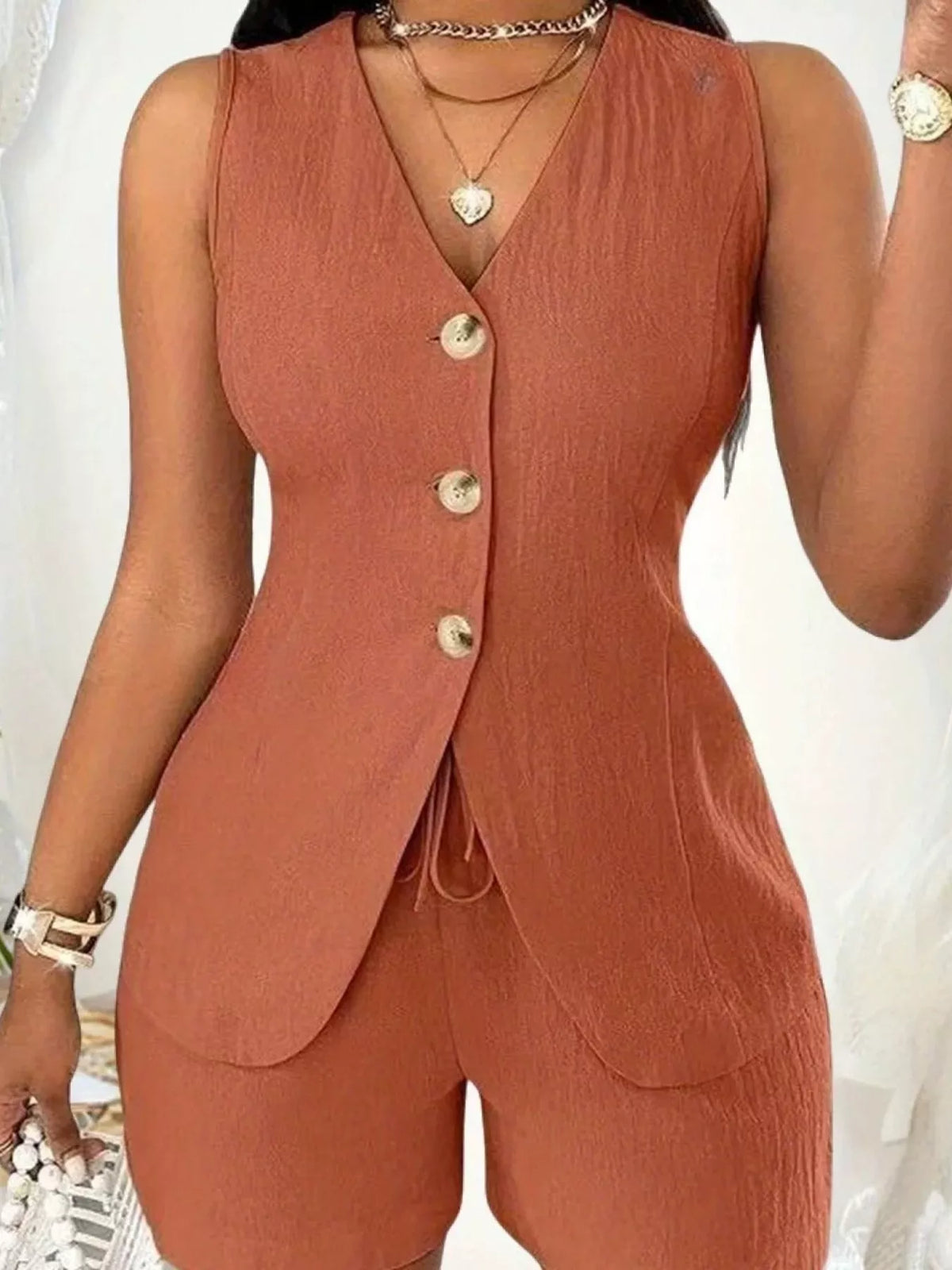 Sleeveless Button-down Vest Shorts Set